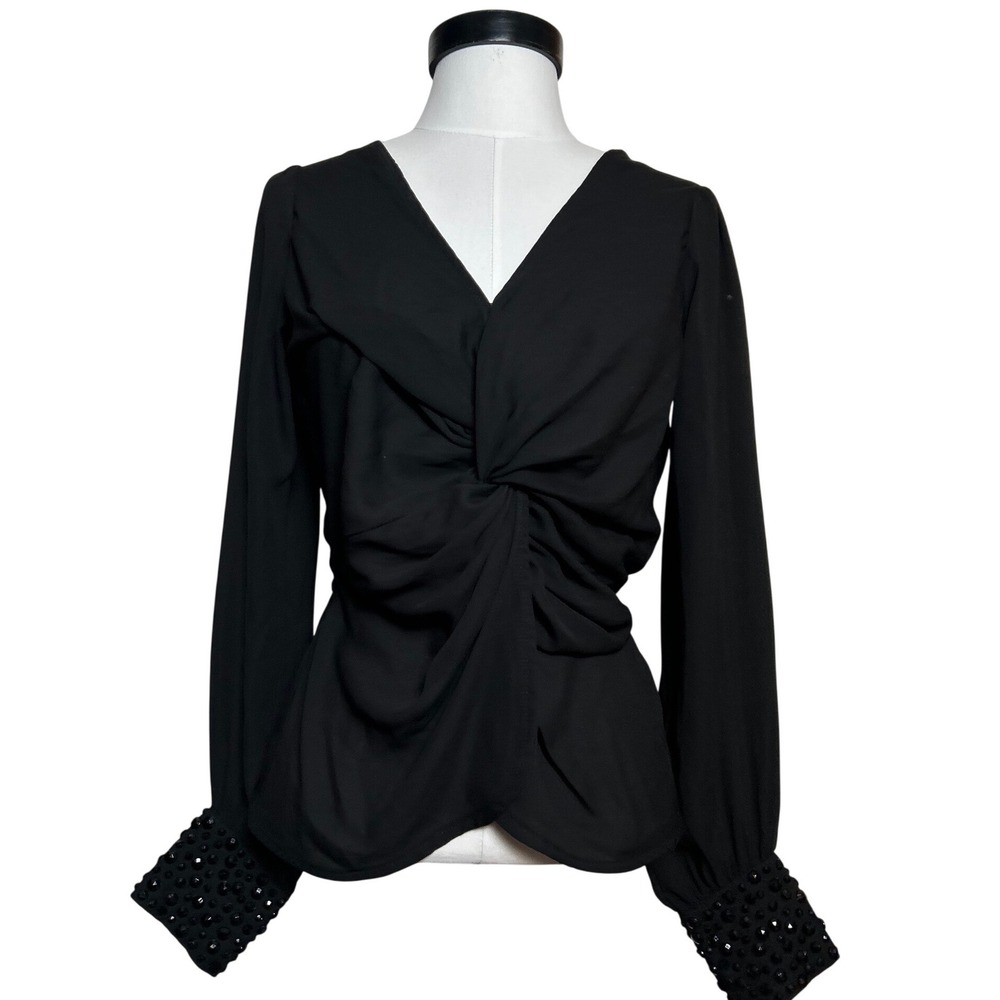 Y2K VTG Black Twist Front Sheer‎ V-Neck Blouse Beaded Studded Cuffs Size S Euro